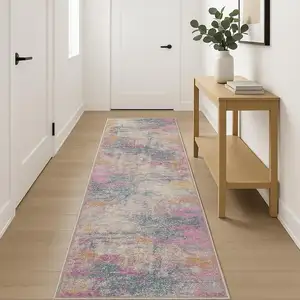 Photo of 16' Ivory Blue And Yellow Abstract Runner Rug