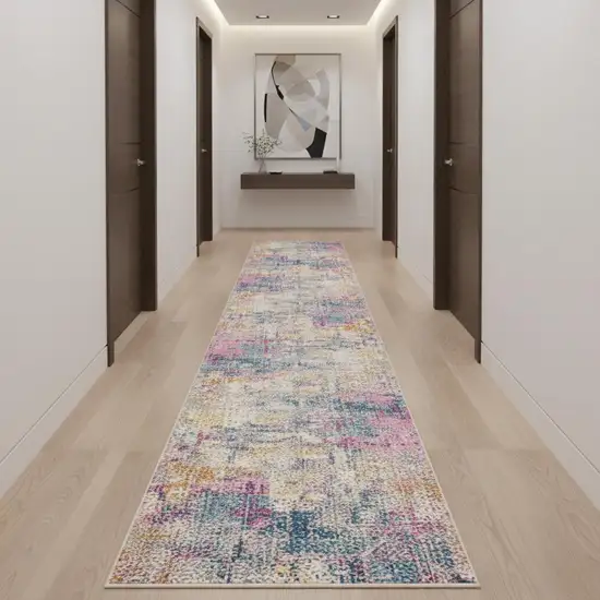 20' Ivory Blue And Yellow Abstract Runner Rug Photo 1