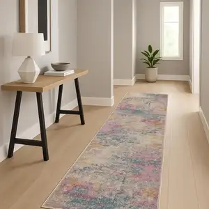 Photo of 20' Ivory Blue And Yellow Abstract Runner Rug