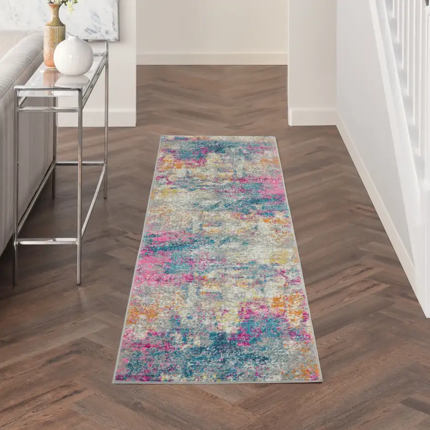 12' Ivory Blue And Yellow Abstract Runner Rug Photo 5