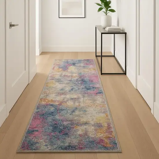 12' Ivory Blue And Yellow Abstract Runner Rug Photo 1