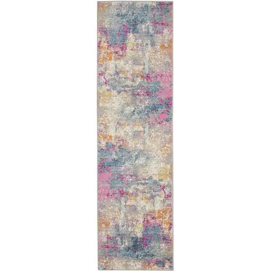12' Ivory Blue And Yellow Abstract Runner Rug Photo 7