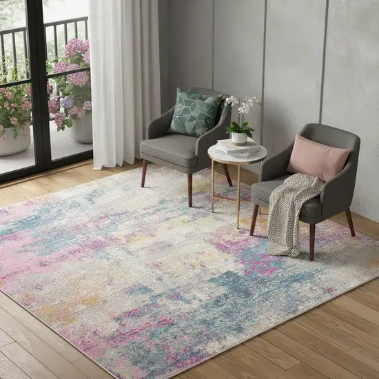 5' Ivory Blue And Yellow Abstract Square Rug Photo 1