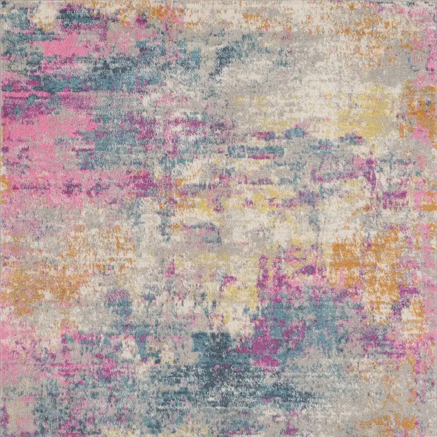 5' Ivory Blue And Yellow Abstract Square Rug Photo 7