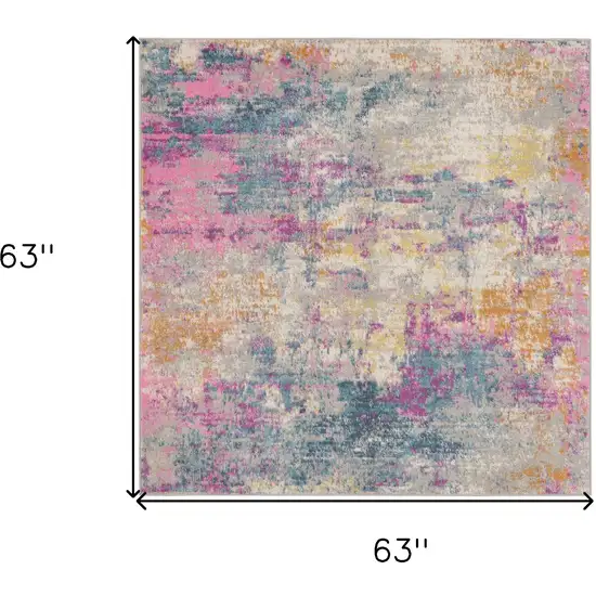 5' Ivory Blue And Yellow Abstract Square Rug Photo 3