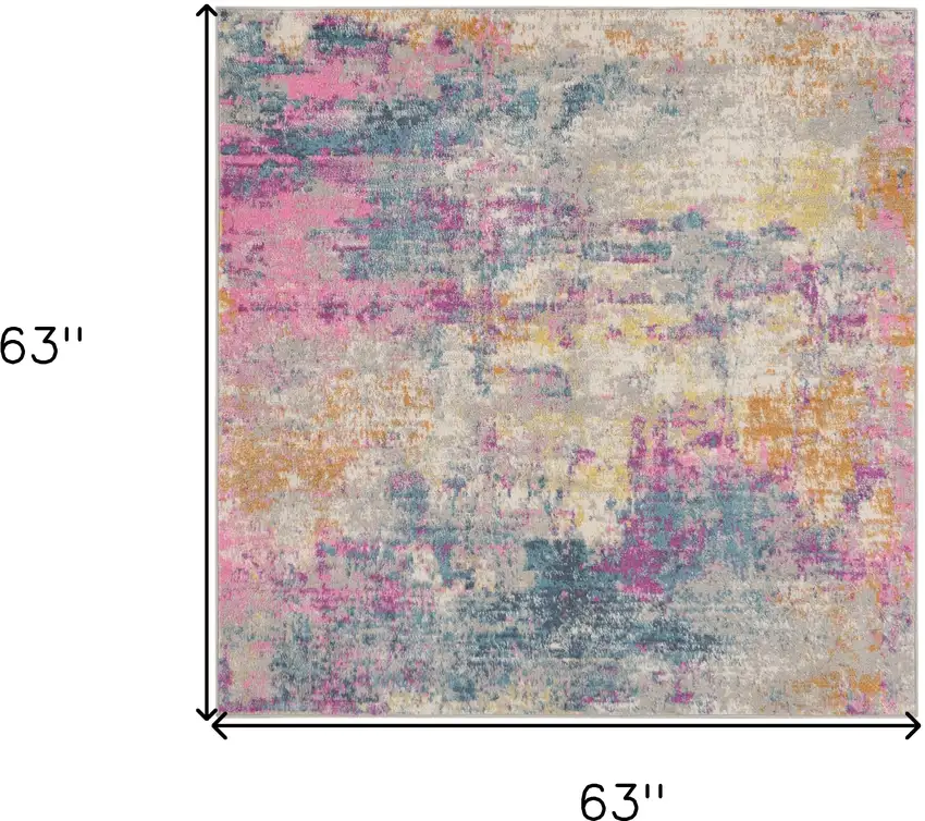 5' Ivory Blue And Yellow Abstract Square Rug Photo 3