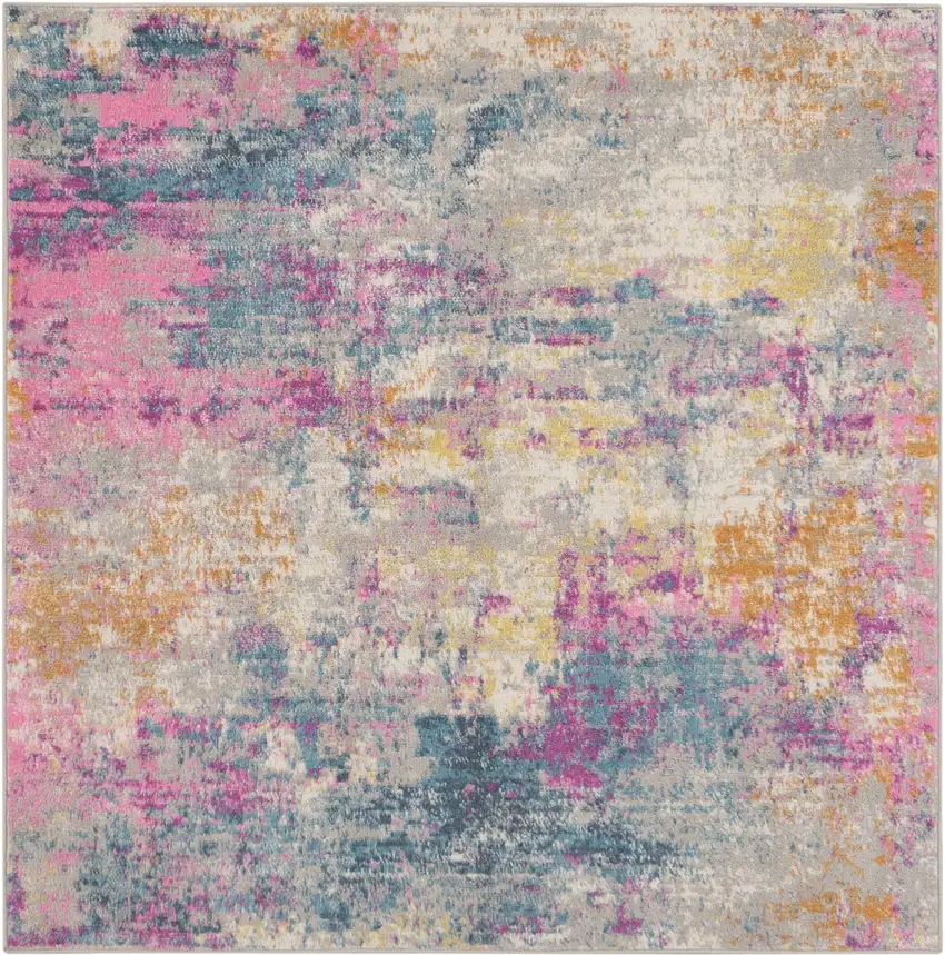 5' Ivory Blue And Yellow Abstract Square Rug Photo 2