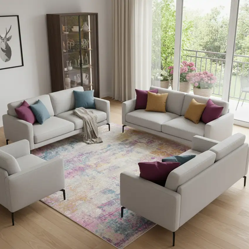 8' Ivory Blue And Yellow Abstract Square Rug Photo 1