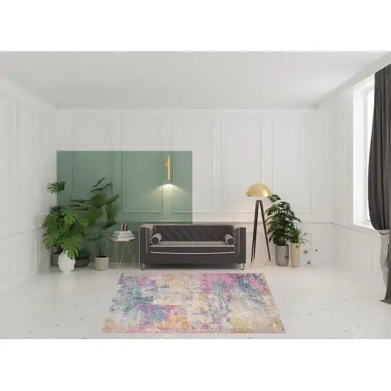 8' Ivory Blue And Yellow Abstract Square Rug Photo 1