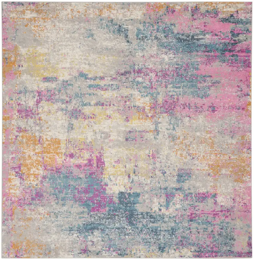 10' Ivory Blue And Yellow Abstract Square Rug Photo 7