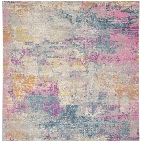 10' Ivory Blue And Yellow Abstract Square Rug Photo 6