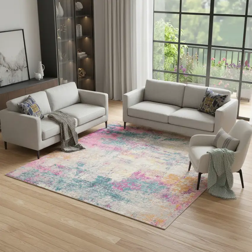 10' Ivory Blue And Yellow Abstract Square Rug Photo 1