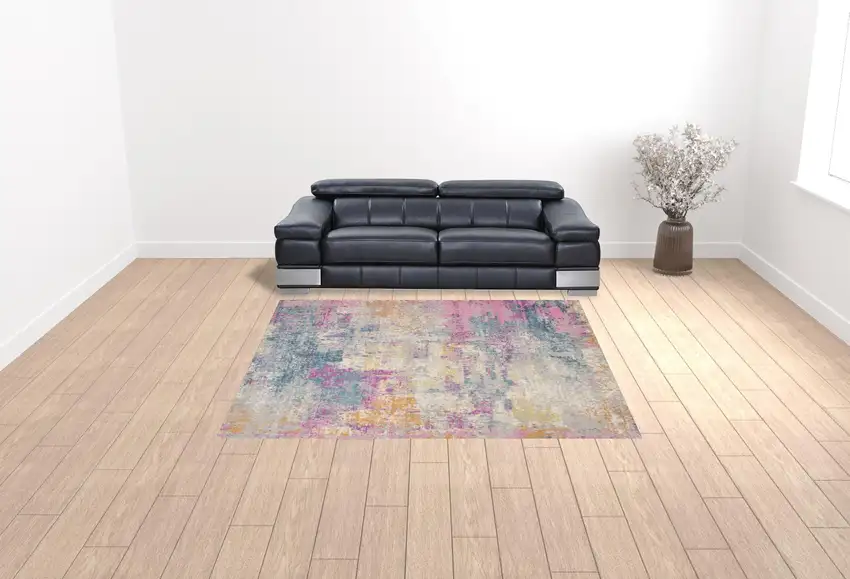 10' Ivory Blue And Yellow Abstract Square Rug Photo 1