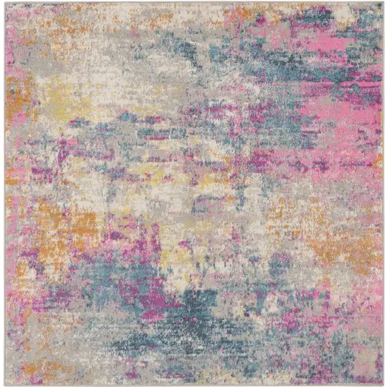 4' Ivory Blue And Yellow Abstract Square Rug Photo 6