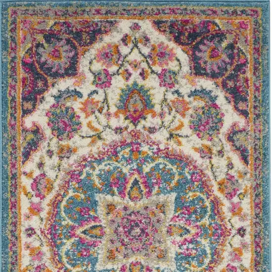 10' Ivory Blue And Yellow Floral Runner Rug Photo 8