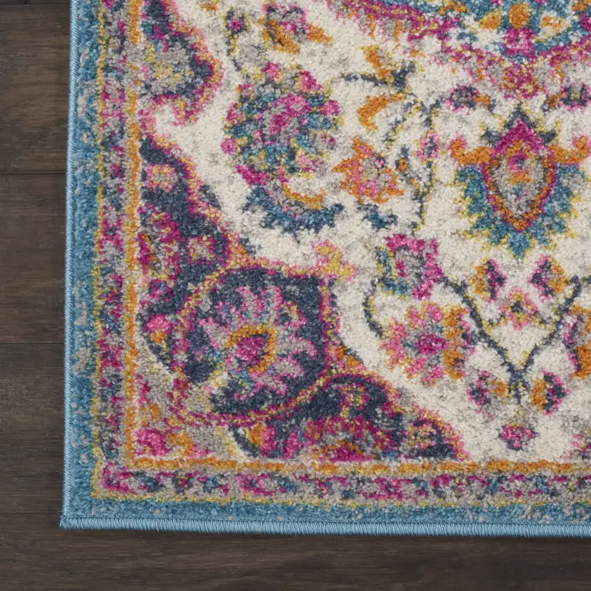 10' Ivory Blue And Yellow Floral Runner Rug Photo 9
