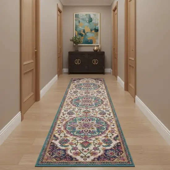 10' Ivory Blue And Yellow Floral Runner Rug Photo 1