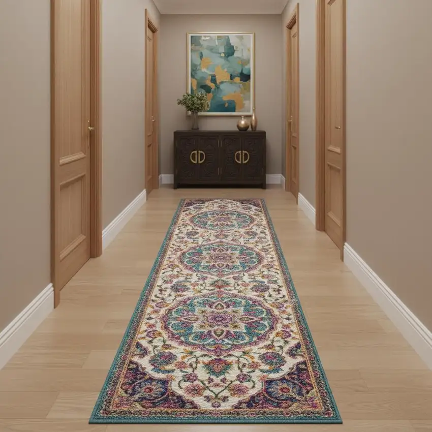 10' Ivory Blue And Yellow Floral Runner Rug Photo 1