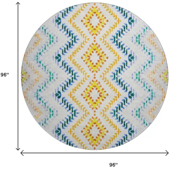 8' Ivory Blue And Yellow Geometric Washable Round Rug With UV Protection Photo 9