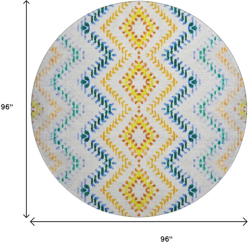 8' Ivory Blue And Yellow Geometric Washable Round Rug With UV Protection Photo 9