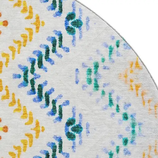 8' Ivory Blue And Yellow Geometric Washable Round Rug With UV Protection Photo 2