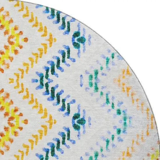 8' Ivory Blue And Yellow Geometric Washable Round Rug With UV Protection Photo 3