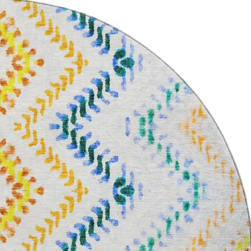 8' Ivory Blue And Yellow Geometric Washable Round Rug With UV Protection Photo 3