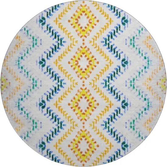 8' Ivory Blue And Yellow Geometric Washable Round Rug With UV Protection Photo 1