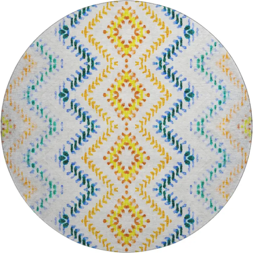 8' Ivory Blue And Yellow Geometric Washable Round Rug With UV Protection Photo 1