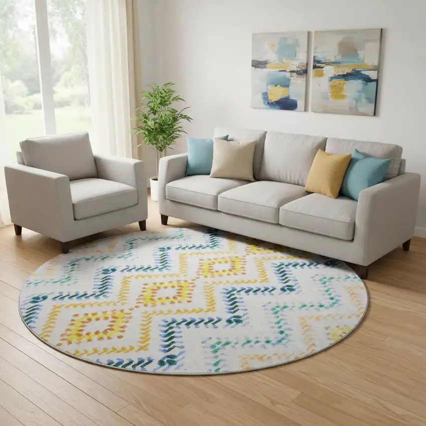 8' Ivory Blue And Yellow Geometric Washable Round Rug With UV Protection Photo 1
