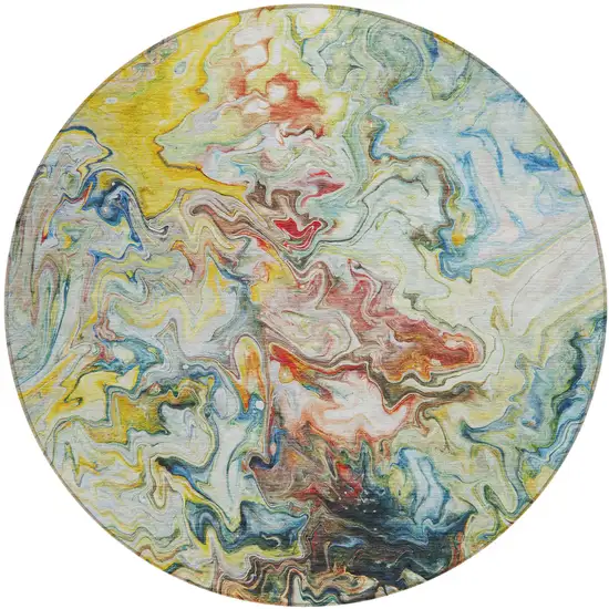 8' Ivory Blue And Yellow Round Abstract Washable Indoor Outdoor Area Rug Photo 2