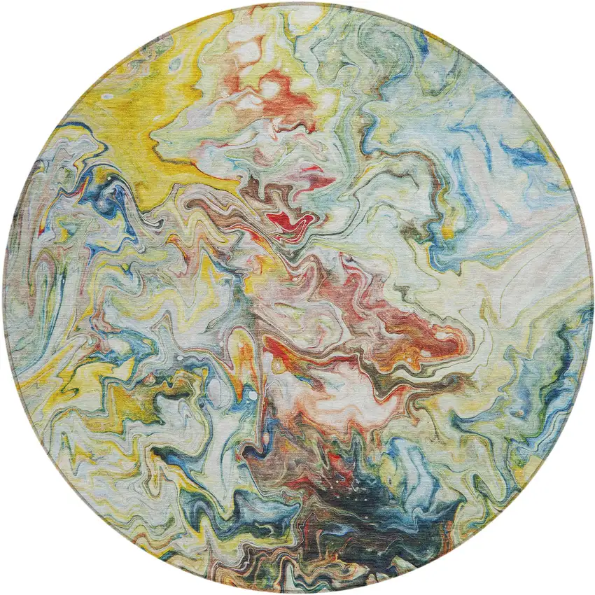 8' Ivory Blue And Yellow Round Abstract Washable Indoor Outdoor Area Rug Photo 2