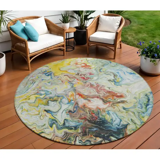 8' Ivory Blue And Yellow Round Abstract Washable Indoor Outdoor Area Rug Photo 1