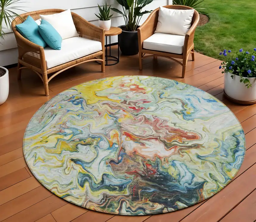 8' Ivory Blue And Yellow Round Abstract Washable Indoor Outdoor Area Rug Photo 1