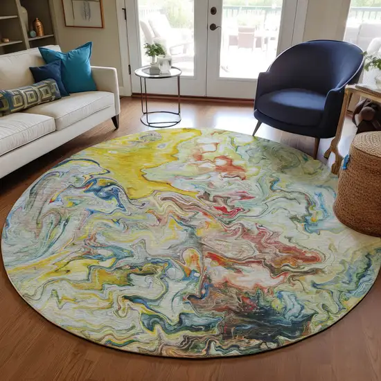 8' Ivory Blue And Yellow Round Abstract Washable Indoor Outdoor Area Rug Photo 7