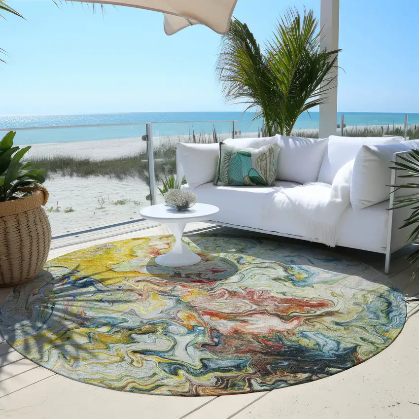 8' Ivory Blue And Yellow Round Abstract Washable Indoor Outdoor Area Rug Photo 6