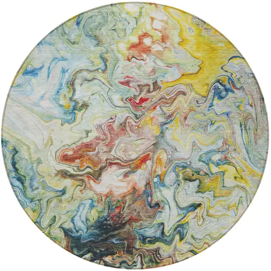 8' Ivory Blue And Yellow Round Abstract Washable Indoor Outdoor Area Rug Photo 5