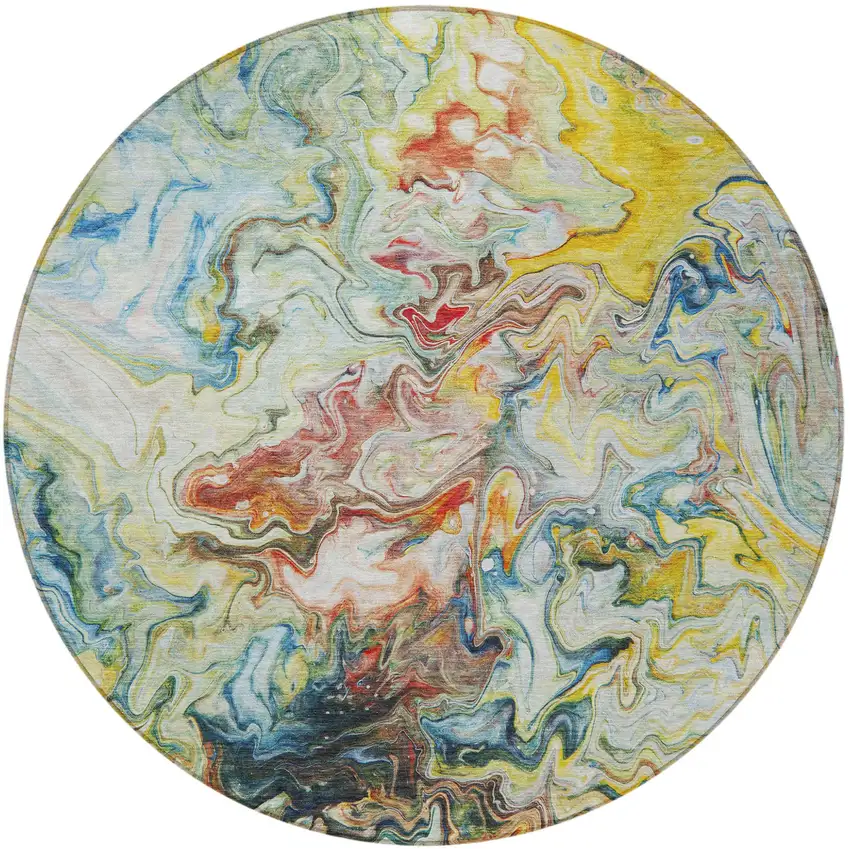 8' Ivory Blue And Yellow Round Abstract Washable Indoor Outdoor Area Rug Photo 5