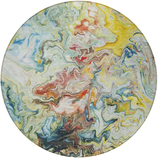 8' Ivory Blue And Yellow Round Abstract Washable Indoor Outdoor Area Rug Photo 5