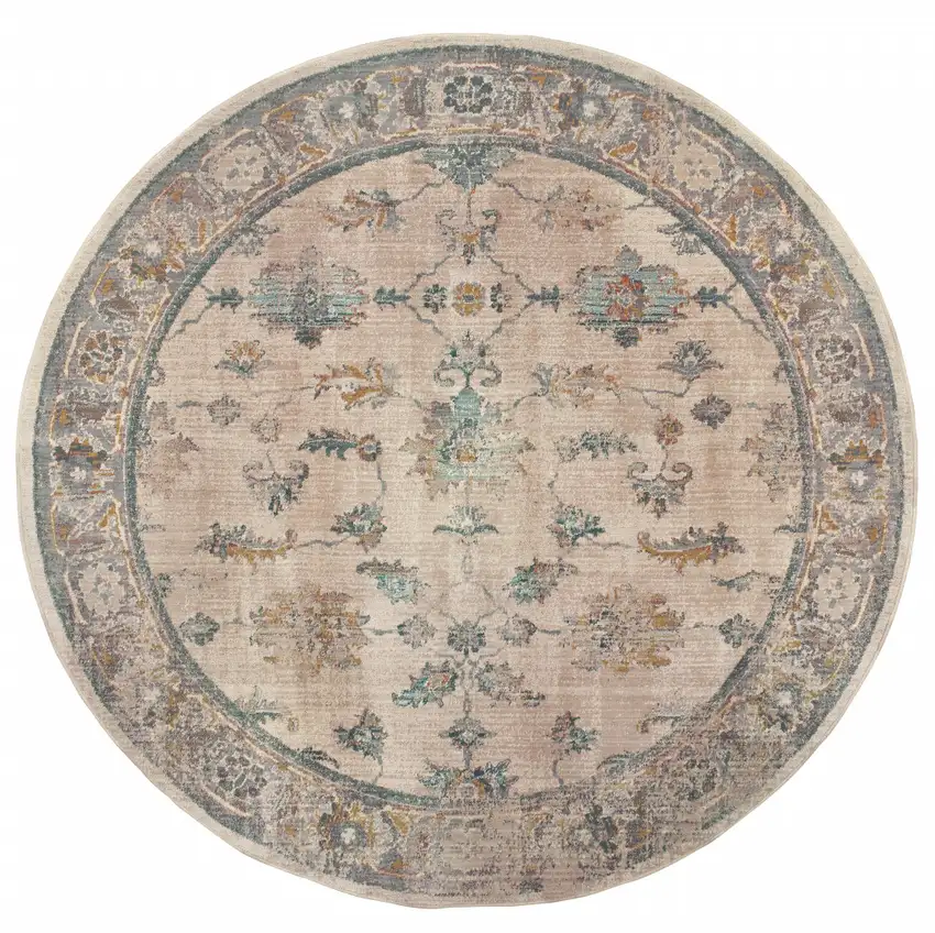 8' Ivory Blue Gold And Grey Round Oriental Power Loom Stain Resistant Area Rug Photo 1