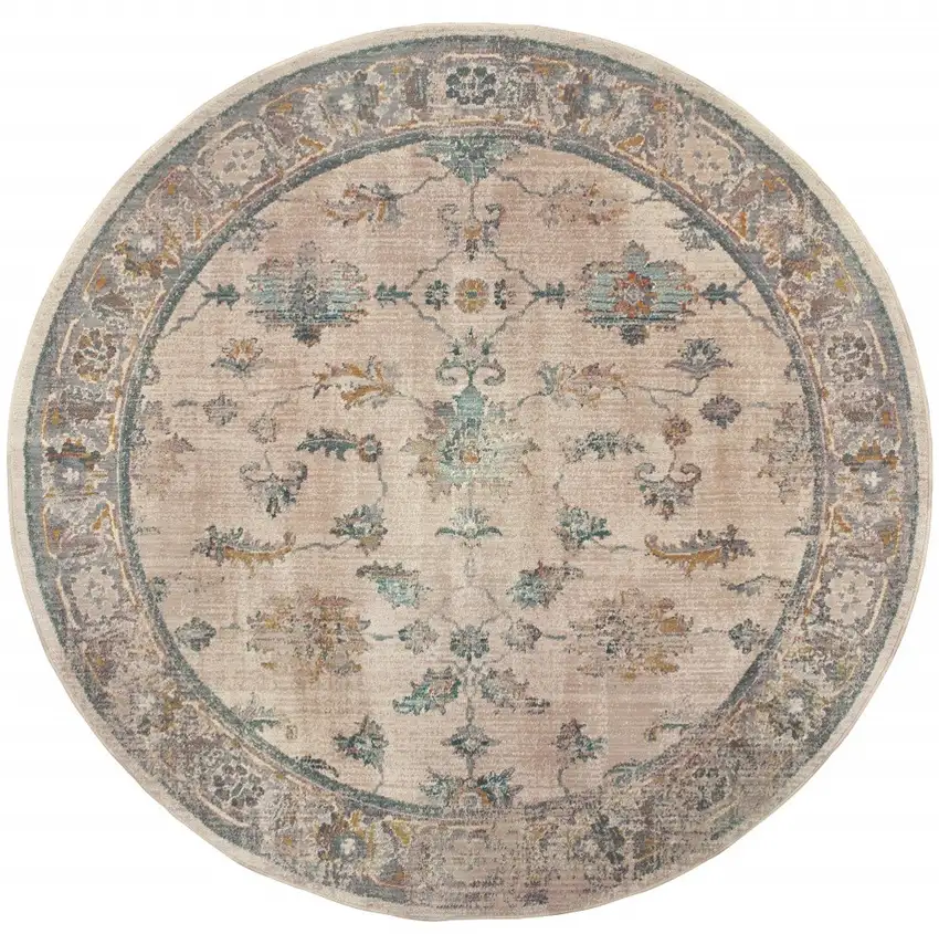 8' Ivory Blue Gold And Grey Round Oriental Power Loom Stain Resistant Area Rug Photo 4
