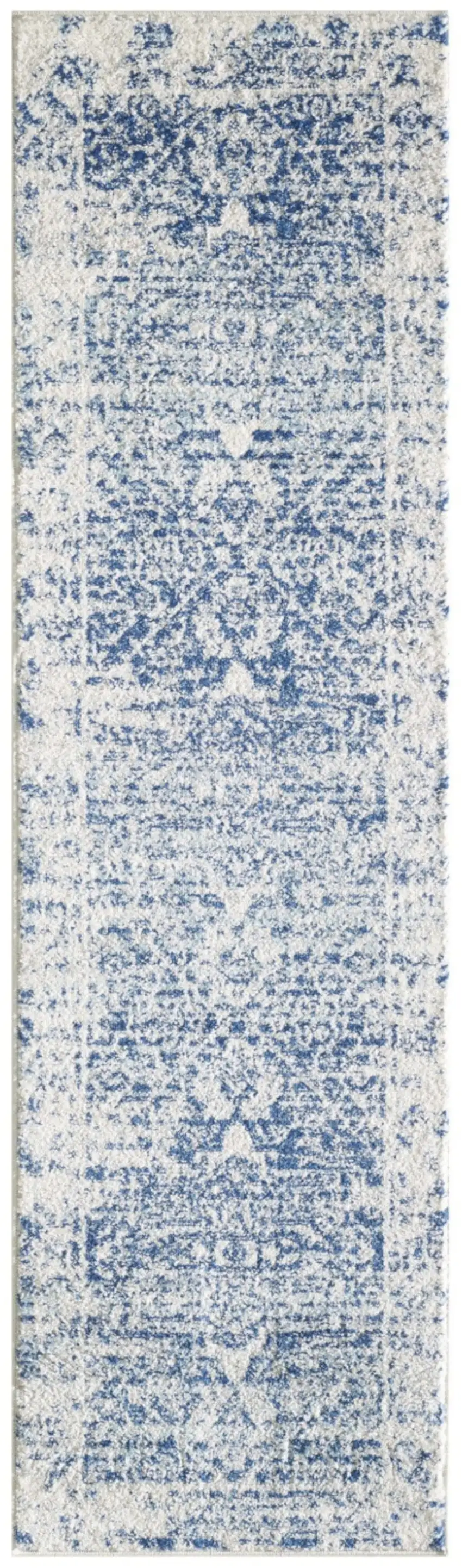 7' Ivory Blue Machine Woven Distressed Medallion Indoor Runner Rug Photo 1