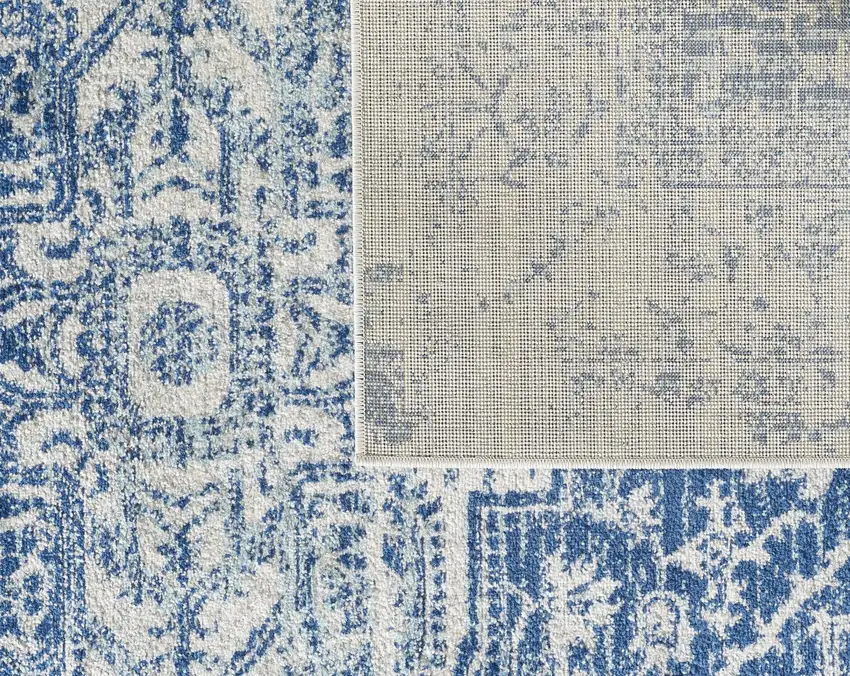 7' Ivory Blue Machine Woven Distressed Medallion Indoor Runner Rug Photo 4