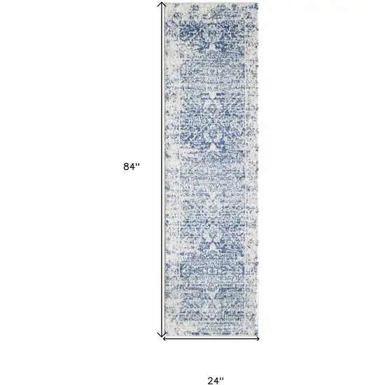 7' Ivory Blue Machine Woven Distressed Medallion Indoor Runner Rug Photo 7