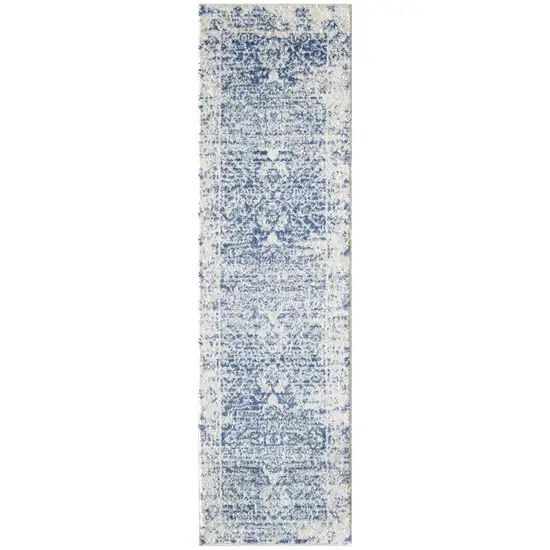 7' Ivory Blue Machine Woven Distressed Medallion Indoor Runner Rug Photo 3