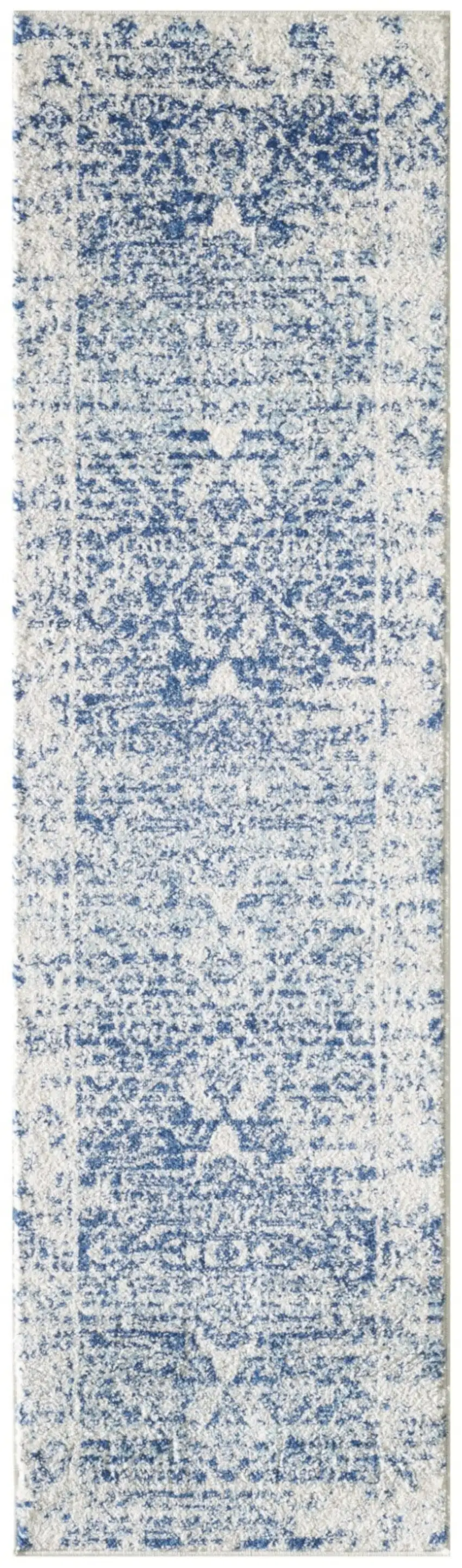 7' Ivory Blue Machine Woven Distressed Medallion Indoor Runner Rug Photo 3