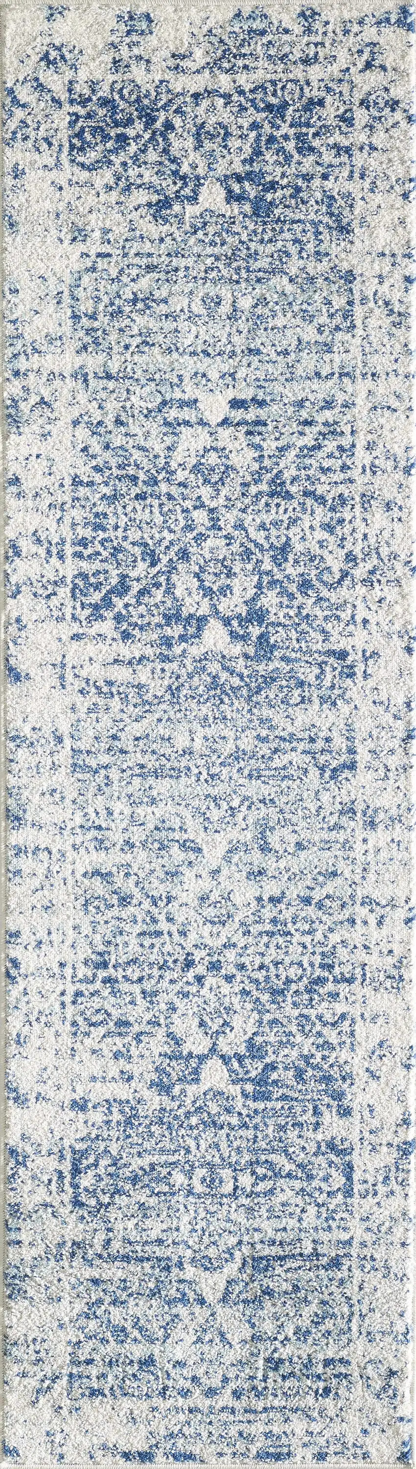 7' Ivory Blue Machine Woven Distressed Medallion Indoor Runner Rug Photo 5