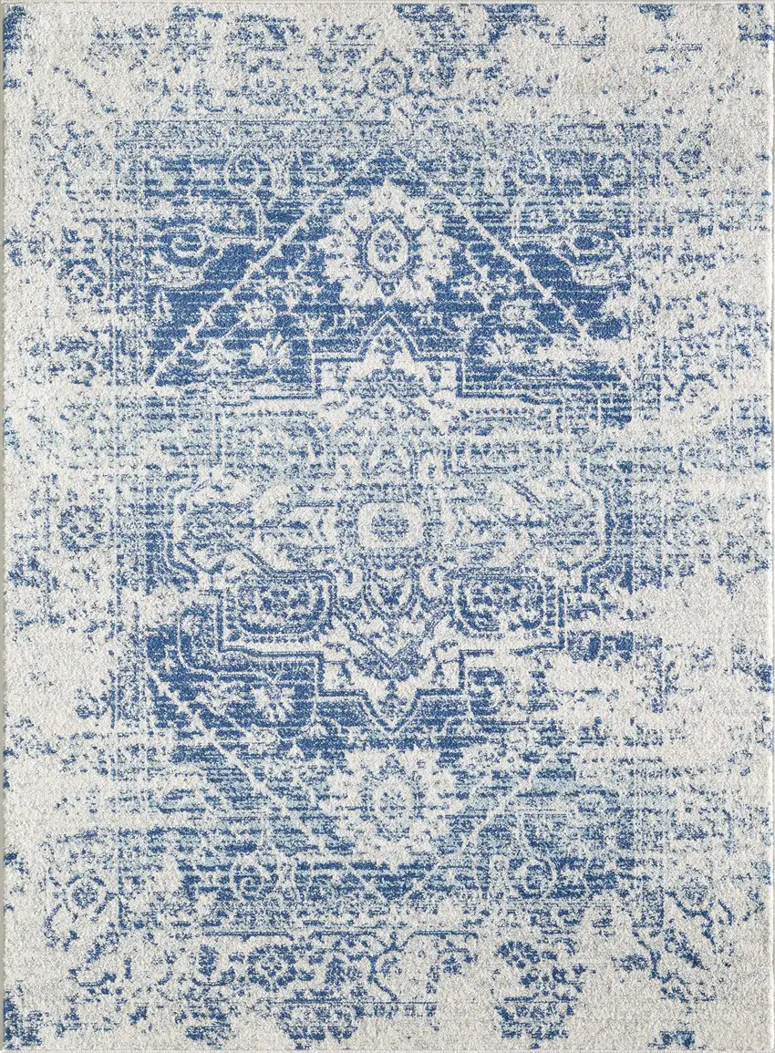 7' Ivory Blue Machine Woven Distressed Medallion Indoor Runner Rug Photo 2