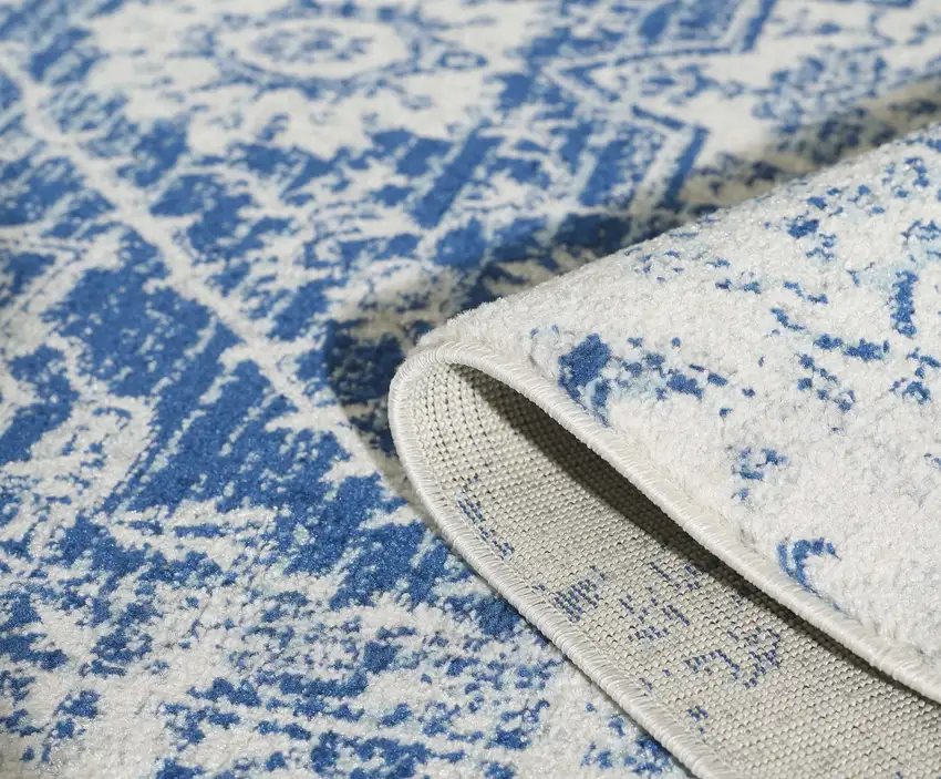 7' Ivory Blue Machine Woven Distressed Medallion Indoor Runner Rug Photo 3