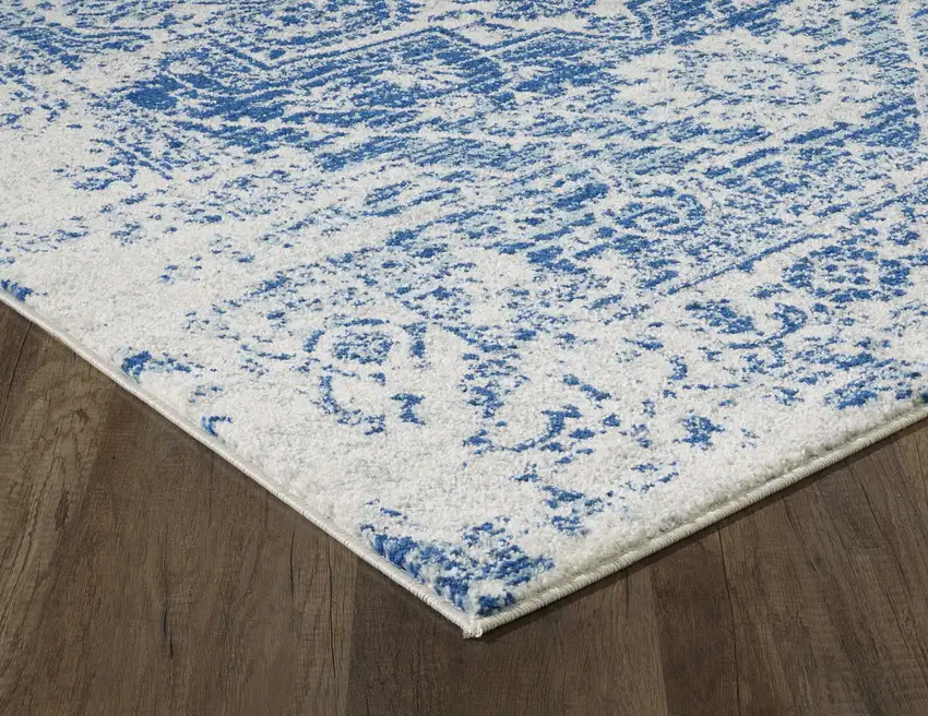 7' Ivory Blue Machine Woven Distressed Medallion Indoor Runner Rug Photo 1